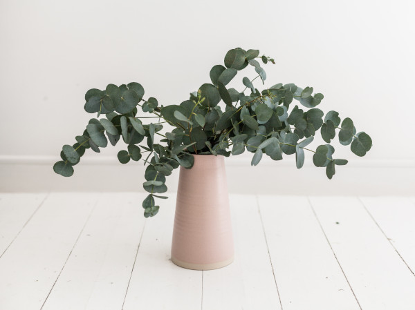 Eine rosa Vase mit Eukalyptusblättern steht auf einem weißen Holzboden vor einer weißen Wand.